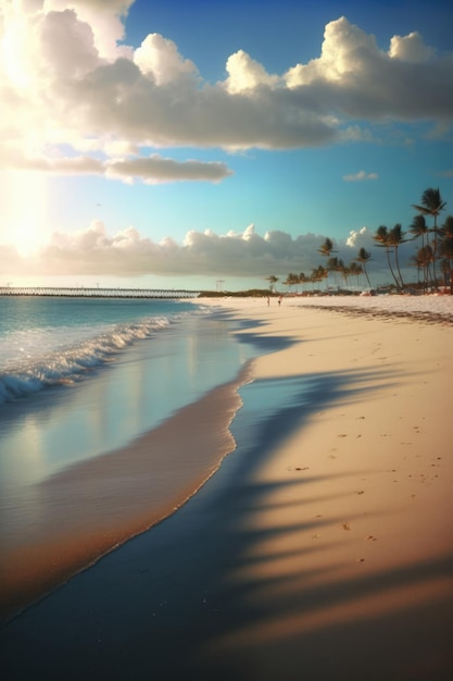 Playa y mar con palmeras y cielo con nubes creado con tecnología de IA generativa