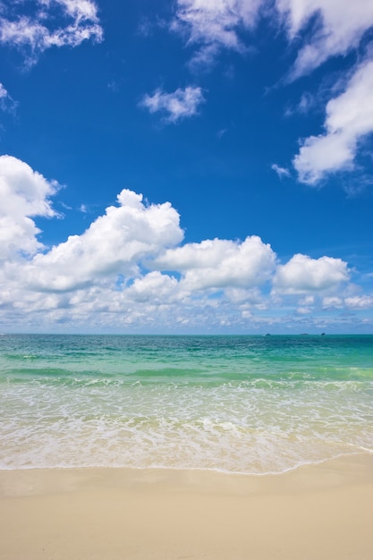 Playa y mar tropical bajo el cielo azul brillante en el día de verano