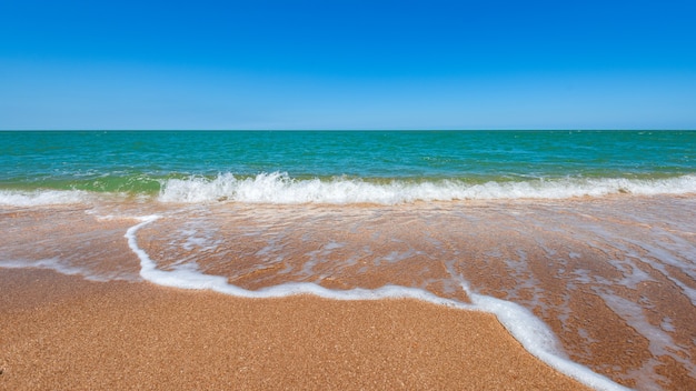 Playa con mar turquesa y arena amarilla, fondo de verano resort