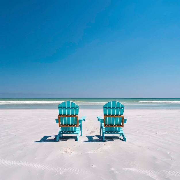 Playa de mar vacía con sillas y cielo azul