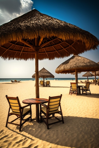 Una playa con mesa y sombrillas