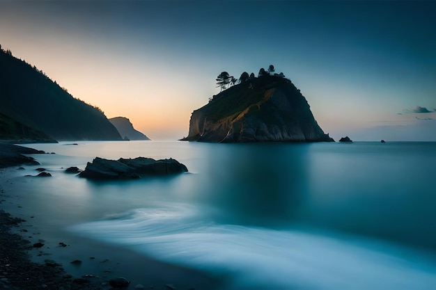 Una playa con una montaña al fondo.