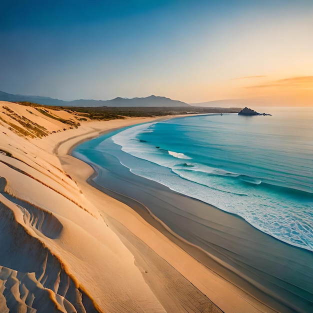 Una playa con una montaña al fondo.