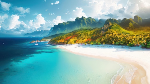 Una playa con una montaña al fondo.