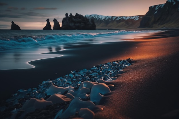 Una playa con una montaña al fondo.