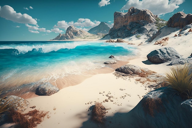 Una playa con una montaña al fondo.