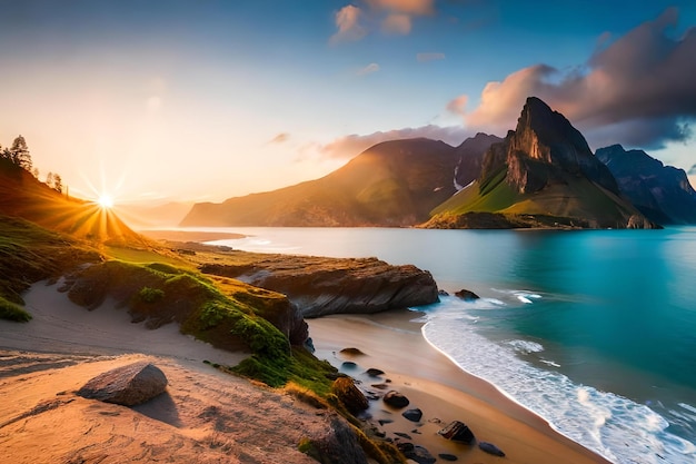 Una playa con una montaña al fondo.