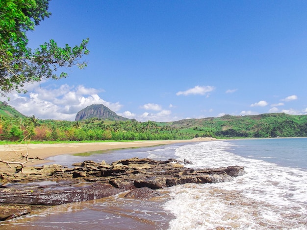 Foto una playa con una montaña al fondo.