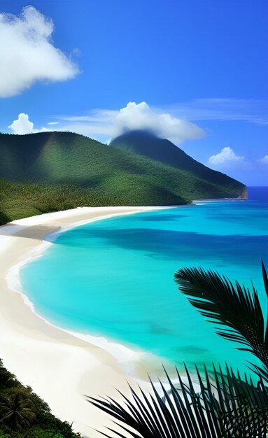 Una playa con una montaña al fondo.