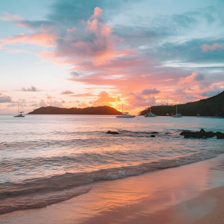 una playa con una montaña en el fondo y una puesta de sol en el fondo
