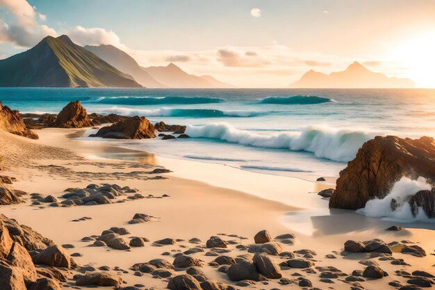 una playa con una montaña en el fondo