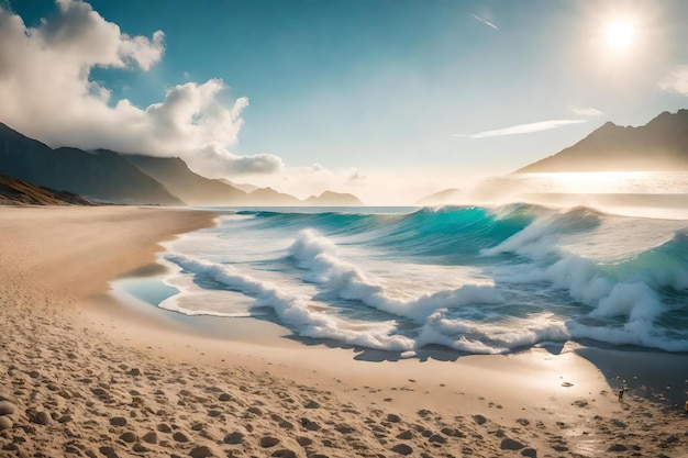 una playa con una montaña en el fondo