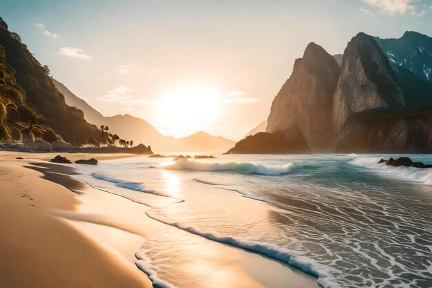 una playa con una montaña en el fondo