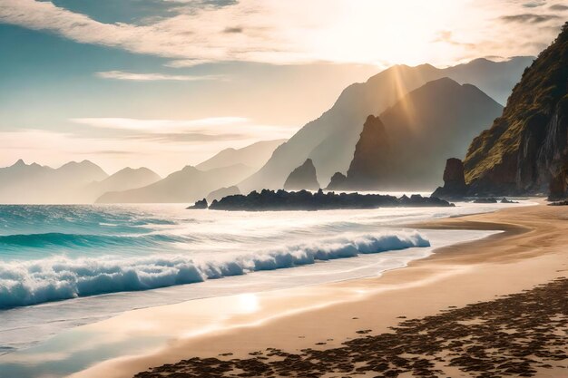 una playa con una montaña en el fondo