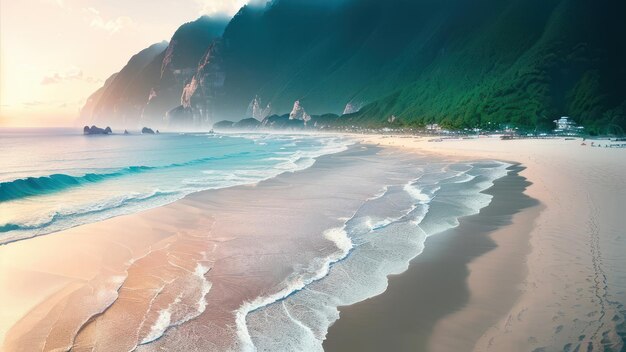 Una playa con montañas al fondo