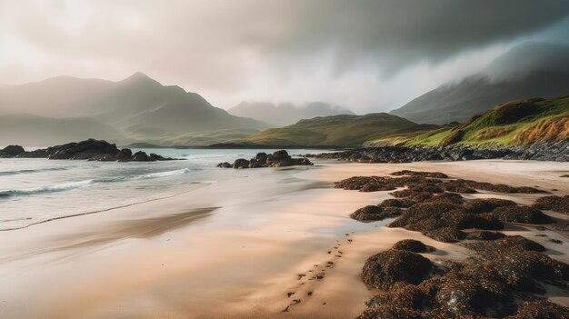 Una playa con montañas al fondo