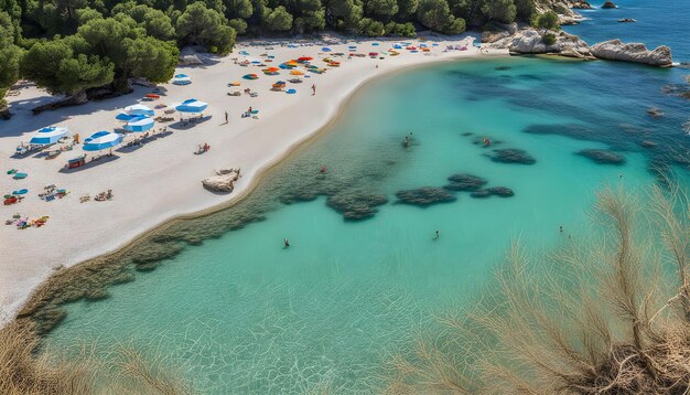 una playa con un montón de barcos y una playa con una playa y una costa con unas pocas personas en el agua