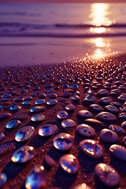 una playa con un montón de piedras y una luz púrpura