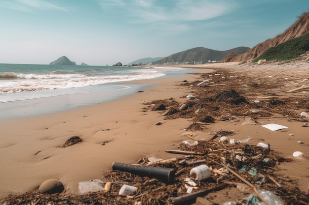 Una playa con mucha basura y una montaña al fondo