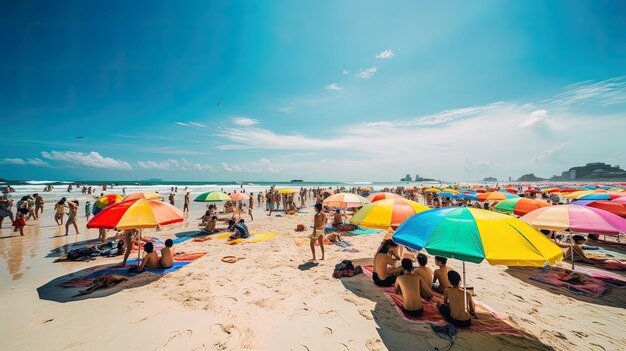 Una playa con mucha gente y paraguas.