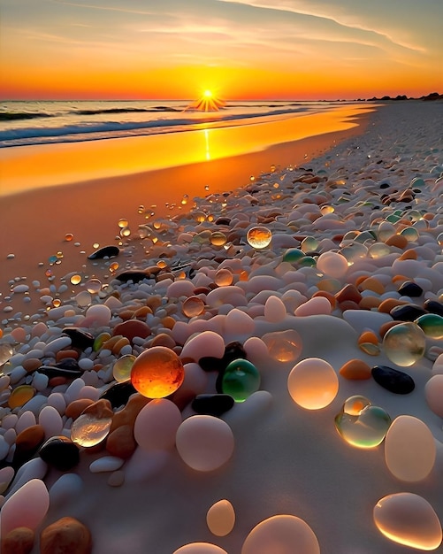 Una playa con muchas bolas de cristal