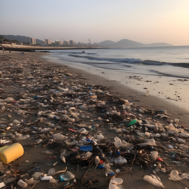 Una playa con muchas botellas de plástico y una ciudad al fondo.