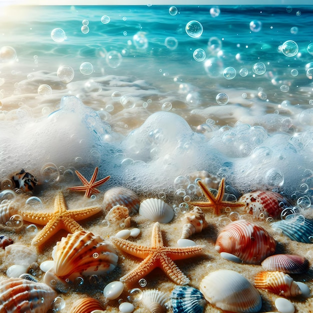 una playa con muchas estrellas de mar y el océano en el fondo