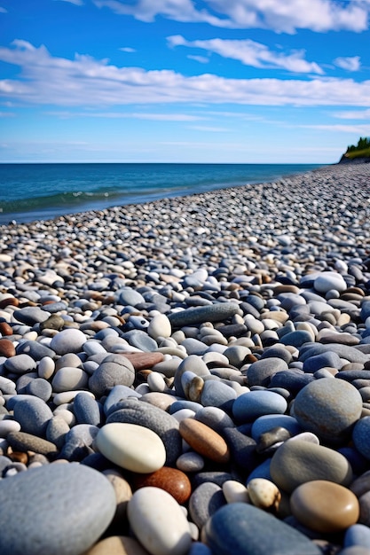 una playa con muchas rocas y un agua azul con una playa en el fondo