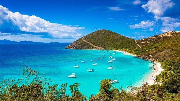 Foto una playa con muchos barcos y una montaña en el fondo