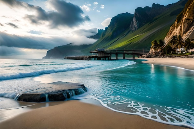 Una playa con un muelle en el fondo