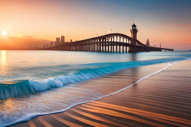 Una playa con un muelle y el mar de fondo