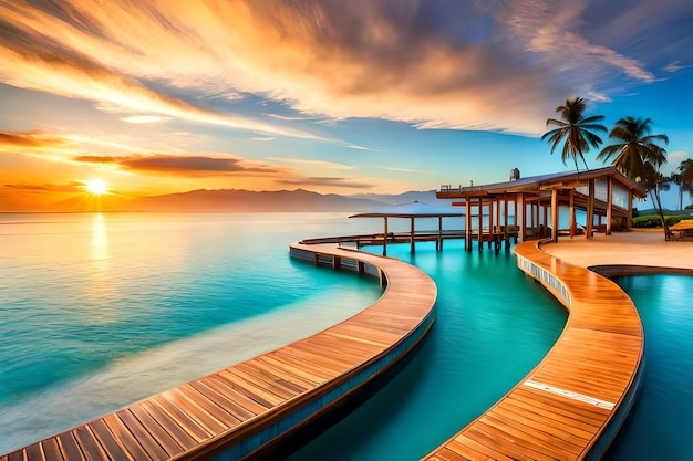 Una playa con un muelle y una puesta de sol.