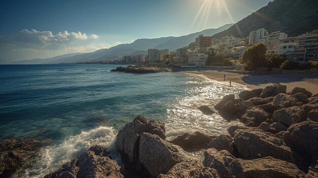 Una playa en Niza, Francia, con el sol brillando en el horizonte.