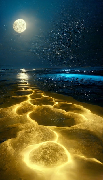 Playa de noche con luna llena en el cielo ai generativo