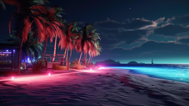 Playa por la noche con luz de neón