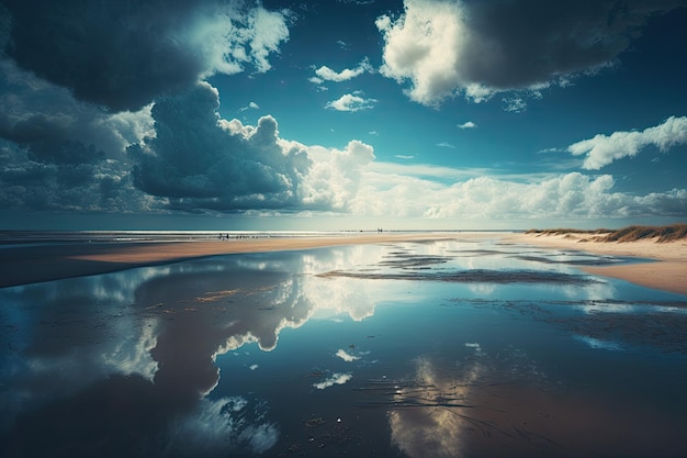 Una playa con nubes y un cielo azul.