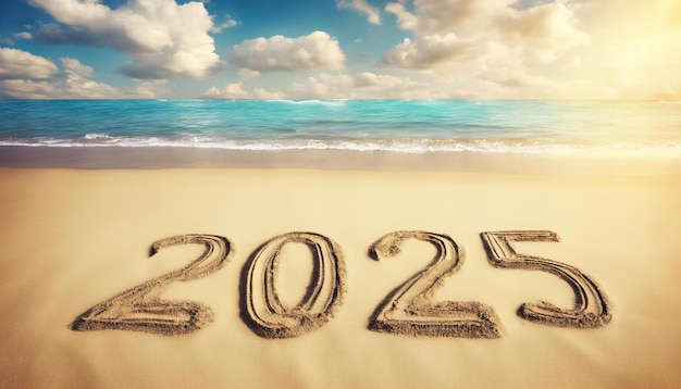 Foto una playa con el número 2025 escrito en la arena