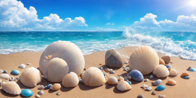 Playa oceánica en un día soleado con conchas grandes y pequeñas y piedras marinas Ilustración de paisaje marino con olas de playa de arena agua turquesa y cielo con nubes blancas IA generativa