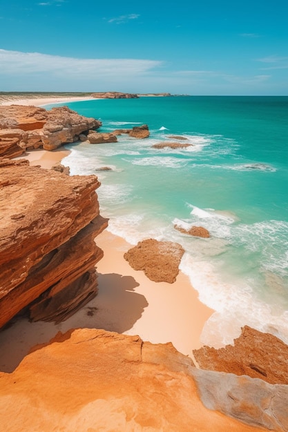 Una playa con un océano azul y una playa de arena blanca.