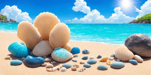 Playa del océano en un día soleado con conchas grandes y pequeñas y guijarros de mar Ilustración de paisaje marino con olas de playa de arena agua turquesa y cielo con nubes blancas IA generativa