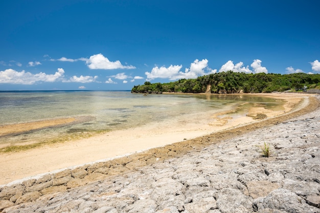 Playa de Okinawa durante la marea baja. Piedras de contención de mareas en primer plano. Isla de Iriomote.