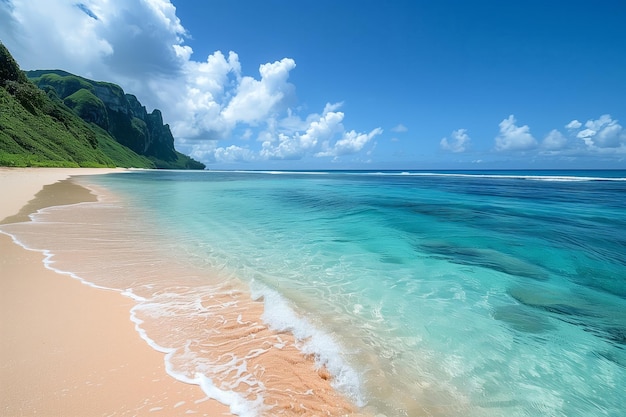 Foto una playa con una ola que está en el agua