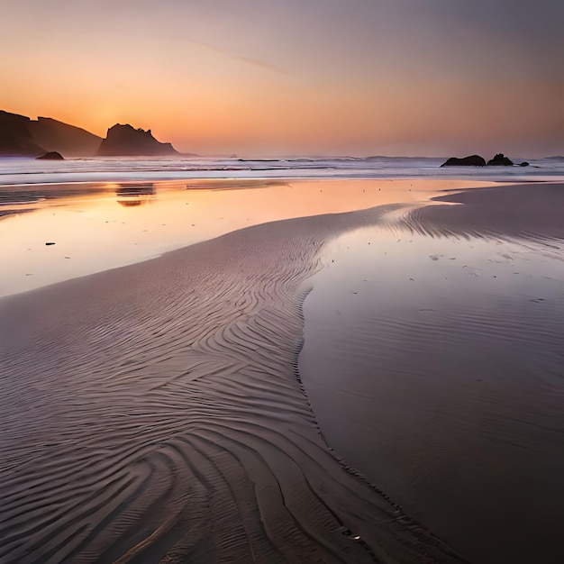 Una playa de olas y arena con la puesta de sol de fondo.