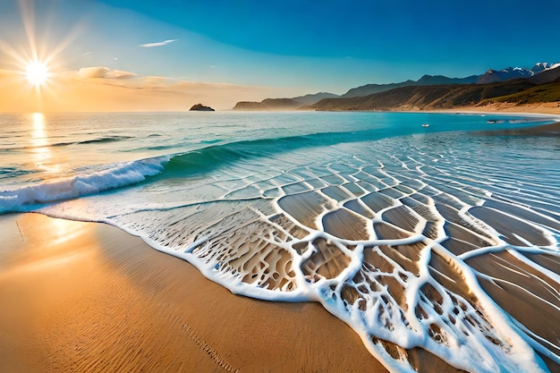 Una playa con olas en la arena y la puesta de sol.