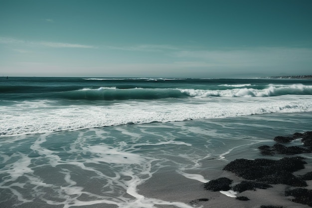 Una playa con olas y el mar de fondo