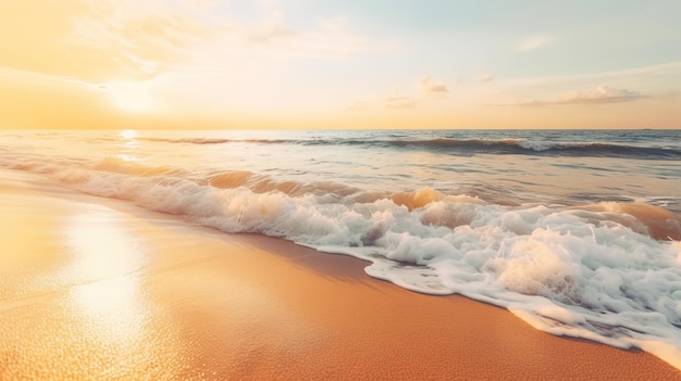 Una playa con olas y puesta de sol