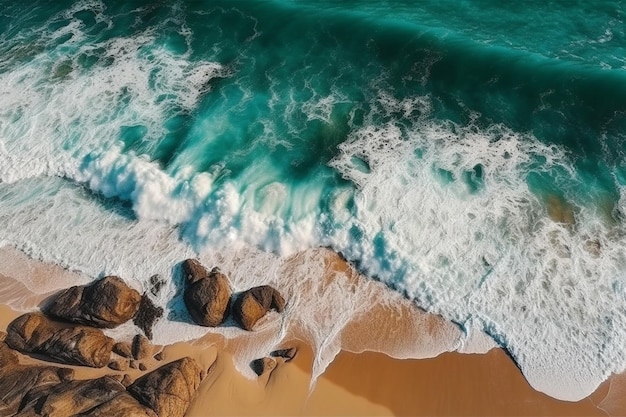 Una playa con olas rompiendo en la arena y el océano al fondo