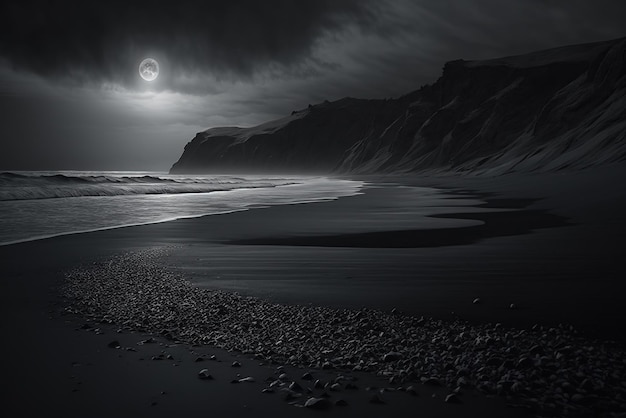 Una playa oscura pacífica y tranquila.