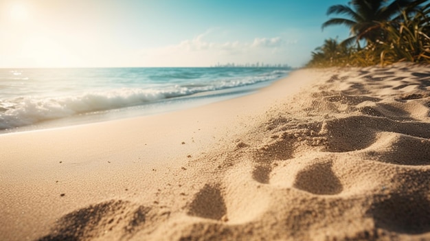 Una playa con una palmera al fondo.