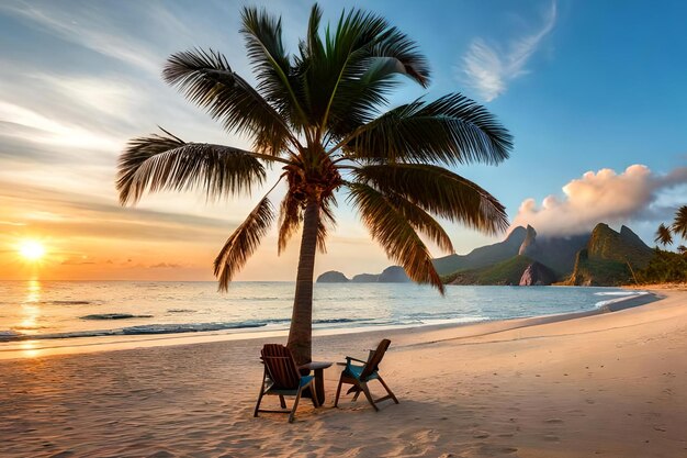 Una playa con una palmera y un atardecer de fondo